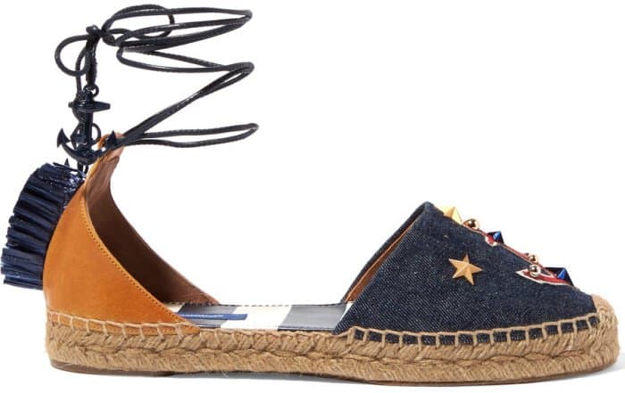 Dolce & Gabbana Raffia-Trimmed Embellished Denim and Leather Espadrilles