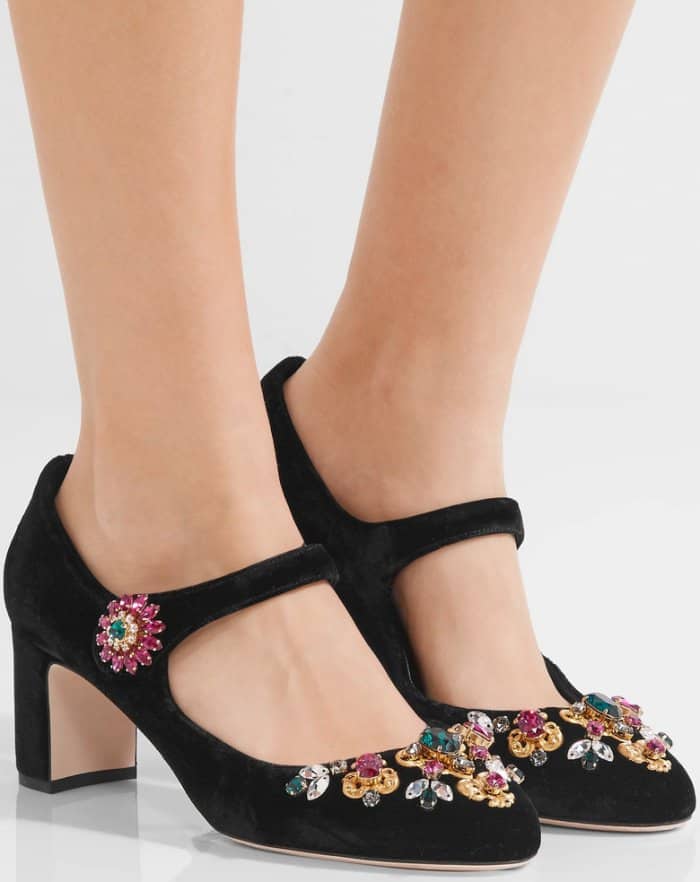 Dolce & Gabbana “Vally” Embellished Velvet Mary Jane Pumps