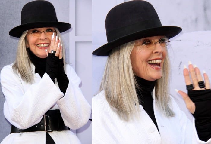 Diane Keaton wearing a monochromatic ensemble styled with Louis Vuitton "Star Trail" ankle boots at the 45th American Film Institute Life Achievement Award Gala Tribute