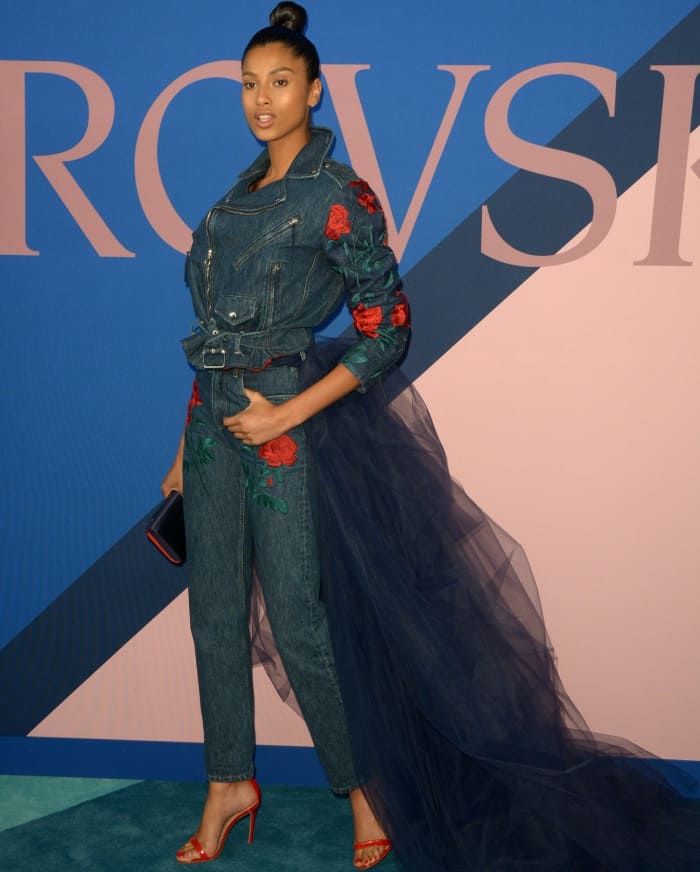 Imaan Hammam in an Adam Selman fall 2017 ensemble and red ankle-strap sandals