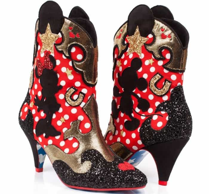 Make a daring fashion statement with these sparkly cowboy boots that feature Mickey and Minnie Mouse silhouettes