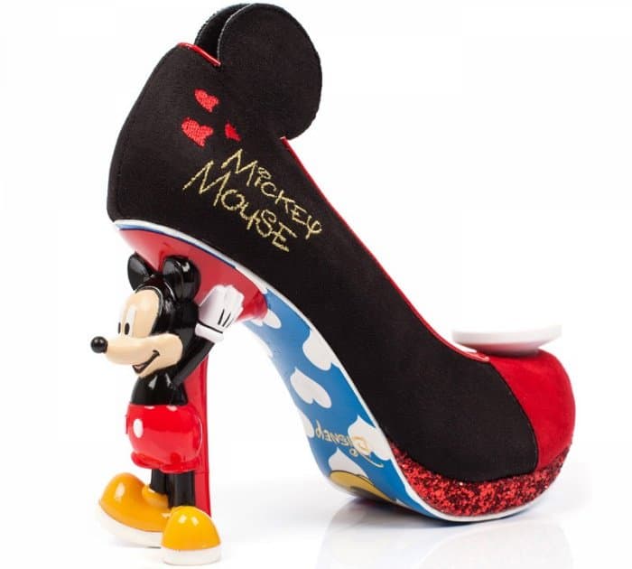 The Mickey Mouse heels feature red glitter-encrusted platforms, Mickey Mouse sculptural heels