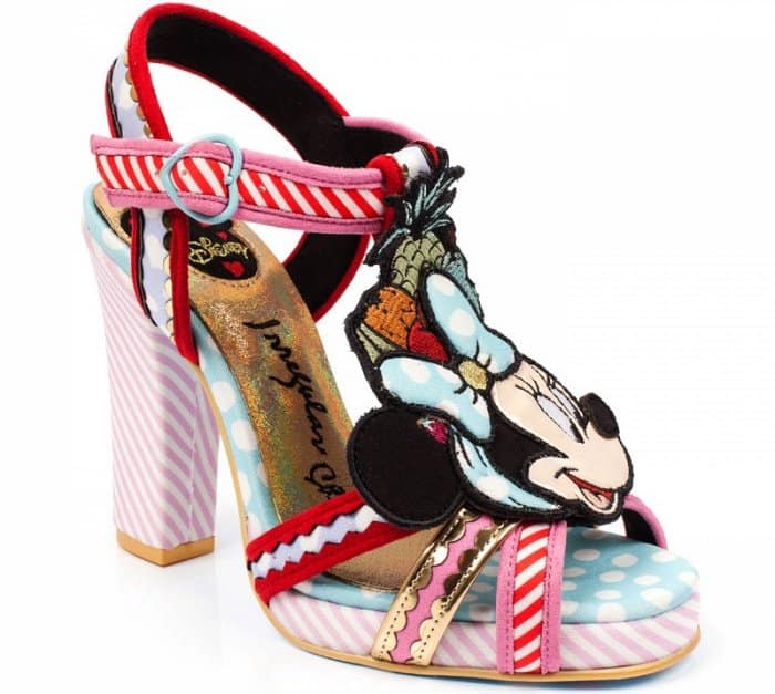 These strappy chunky sandals feature a tropical theme with fruit appliques and a Minnie Mouse character embellishment