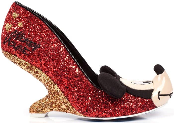 This one-of-a-kind pair features red-and-gold glitter-covered faux leather uppers and 3D Mickey Mouse character embellishments on the toes