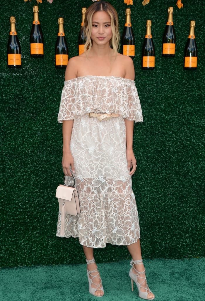 Jamie Chung wearing the Storets "Lihan" dress and M. Gemi "Marea" heels at the 10th annual Veuve Clicquot Polo Classic
