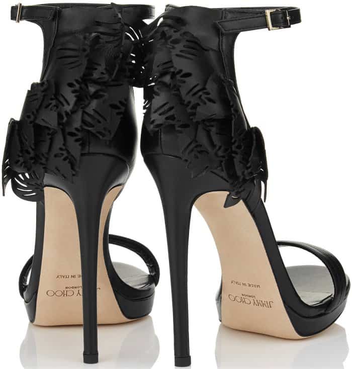 Black Jimmy Choo 'Kelly' Laser-Cut Ruffled-Trimmed Leather Sandals