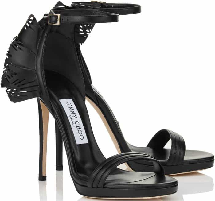 Black Jimmy Choo 'Kelly' Laser-Cut Ruffled-Trimmed Leather Sandals