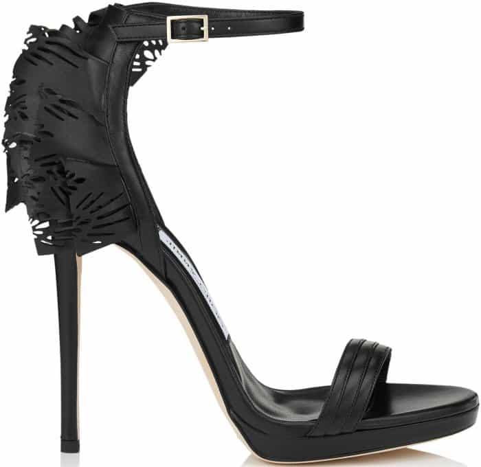 Black Jimmy Choo 'Kelly' Laser-Cut Ruffled-Trimmed Leather Sandals