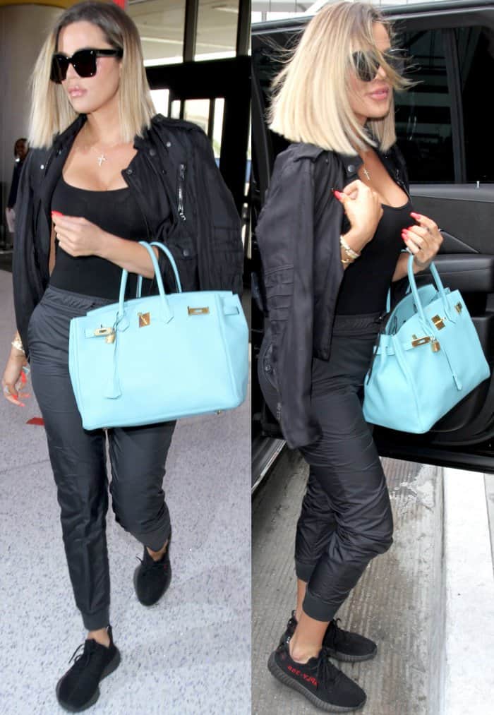 Khloé Kardashian toting a light blue “Birkin” bag from Hermes