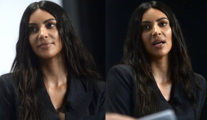 Kim Kardashian wearing a vintage Jean Paul Gaultier suit and Yeezy sandals at the 2017 Forbes Women's Summit in NYC