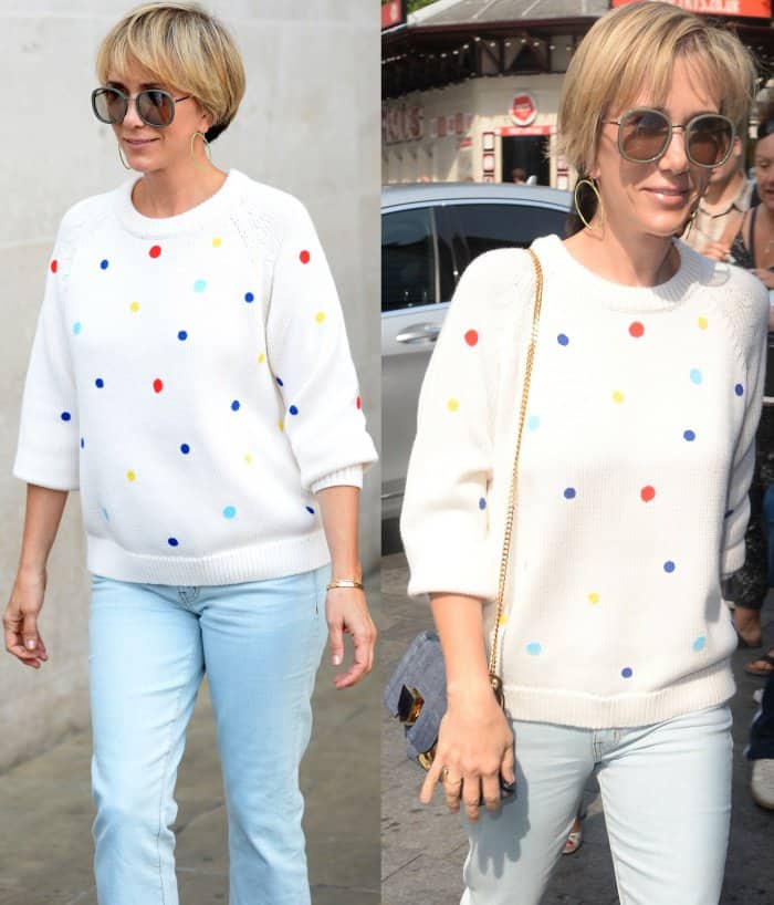 Up close with Kristen Wiig's style: A detailed look at her cozy Tory Sport sweater, accented with vibrant polka dots for a playful touch