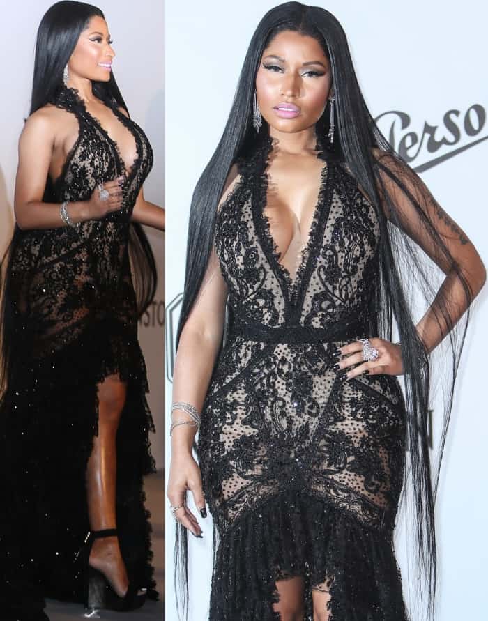 Nicki Minaj wearing a Roberto Cavalli couture gown and Balmain wedge sandals at the 24th amfAR fundraiser during the 70th Cannes Film Festival