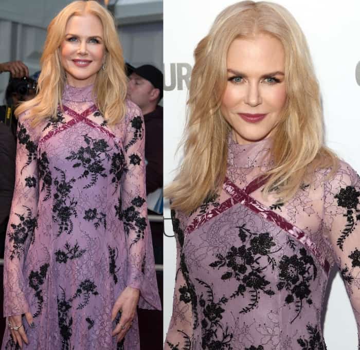 Nicole Kidman wearing an Erdem dress with black ankle-strap heels at the 2017 Glamour Women of the Year Awards