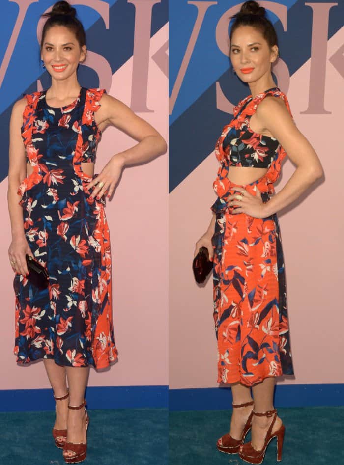 Olivia Munn in a Tanya Taylor resort 2018 dress and Christian Louboutin “Louloudance” sandals