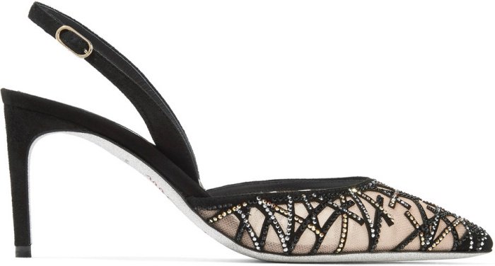 Rene Caovilla crystal-embellished suede and mesh pumps