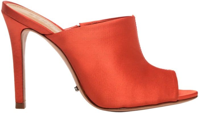 Schutz “Desiree” high heel satin peep-toe mules in orange