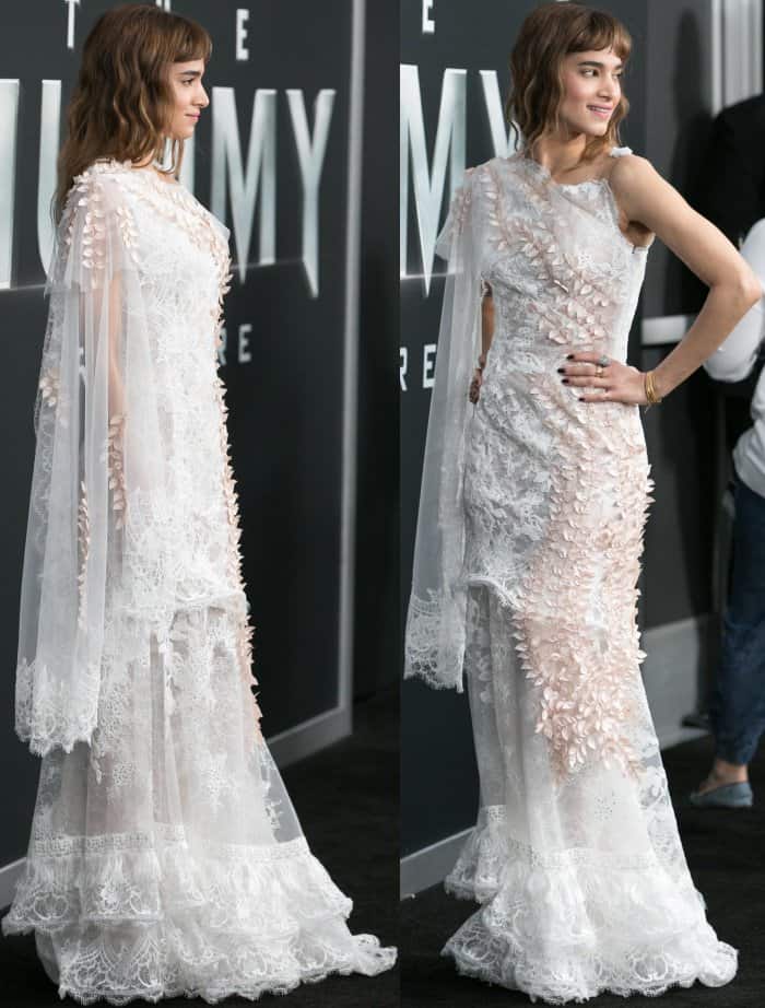 Sofia Boutella wearing a white Rodarte gown at the New York premiere of "The Mummy"