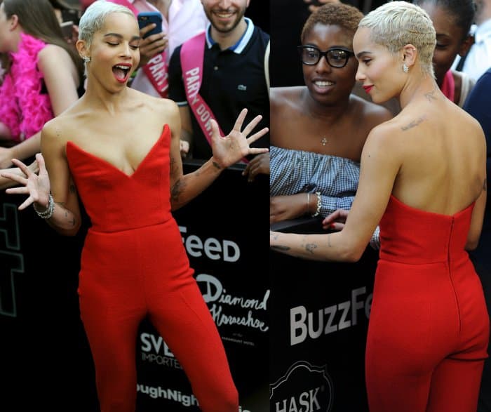 Zoe Kravitz in a red jumpsuit at the “Rough Night” premiere