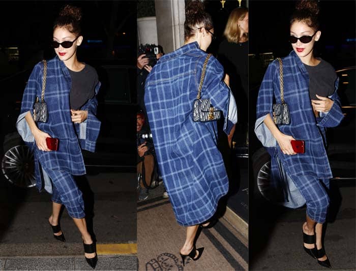 Bella Hadid in a plaid pantsuit and black leather Schutz Quereda mules