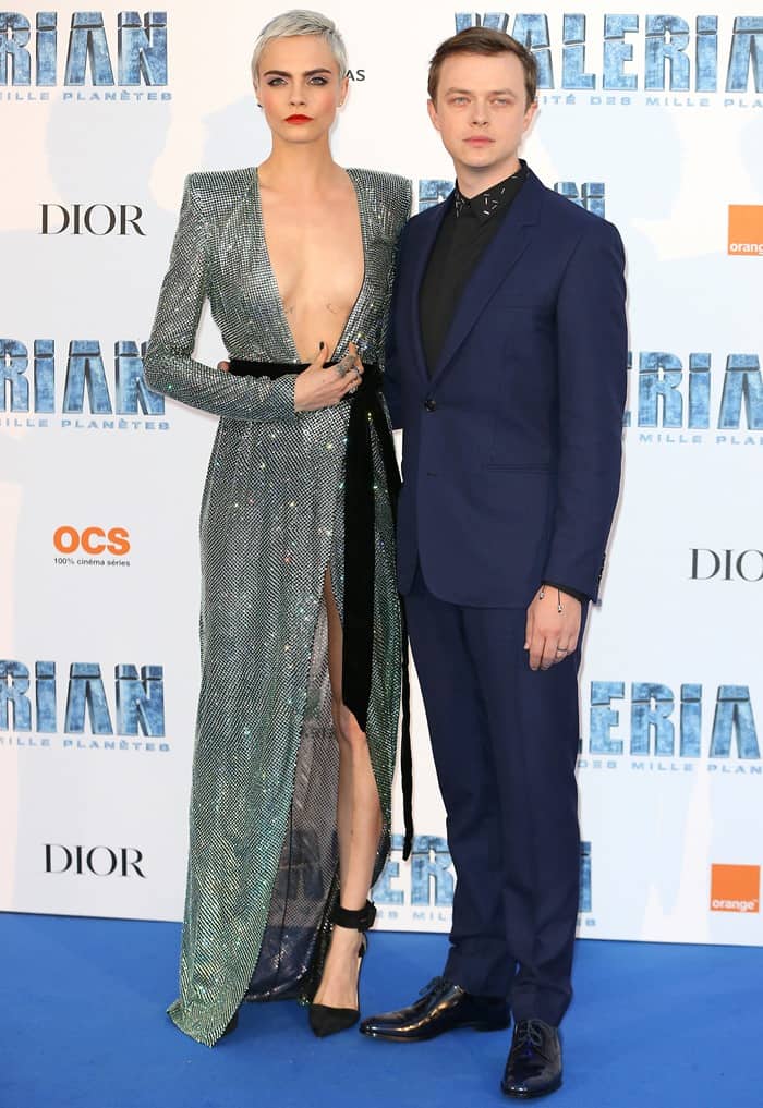 Cara Delevinge attends Paris premiere of Valerian with co-star Dane DeHaan.