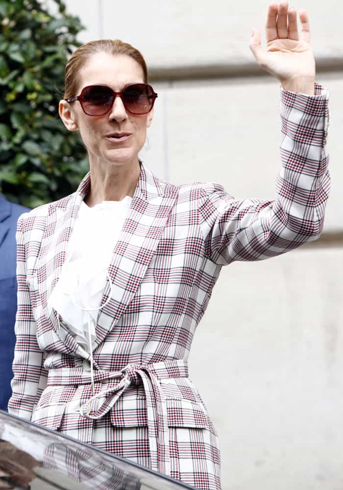 Celine Dion waves warmly to her French fans gathered outside Le Royal Monceau Hotel in Paris