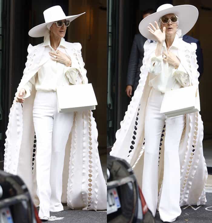 Celine Dion wearing head-to-toe white in Paris.