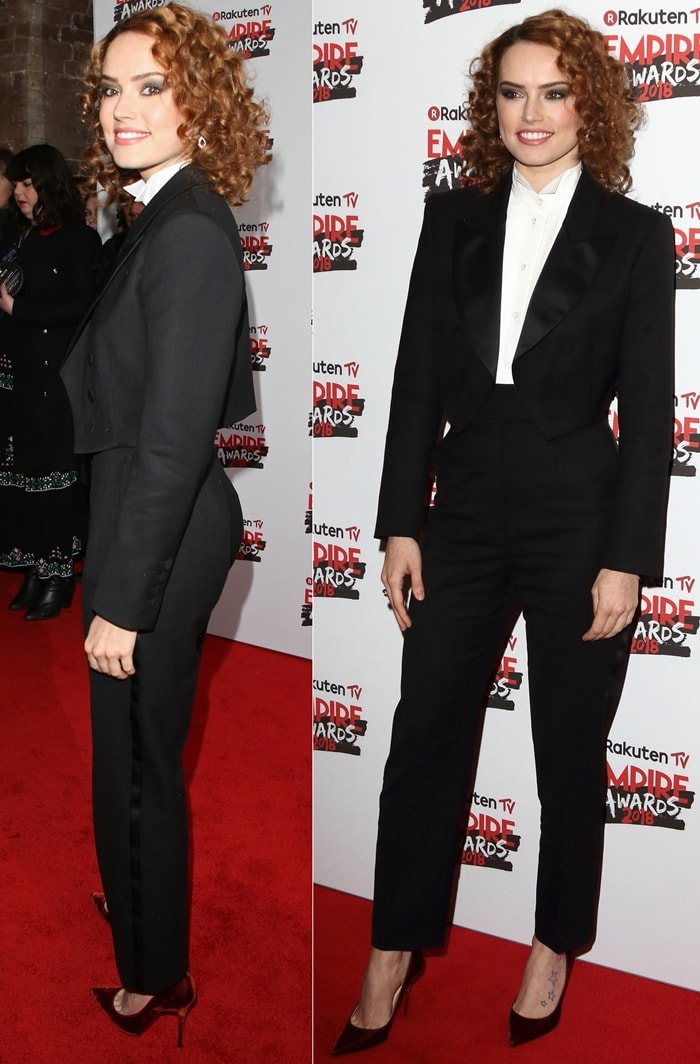 Daisy Ridley in a stylish black Sara Battaglia Pre-Fall 2018 two-piece tuxedo