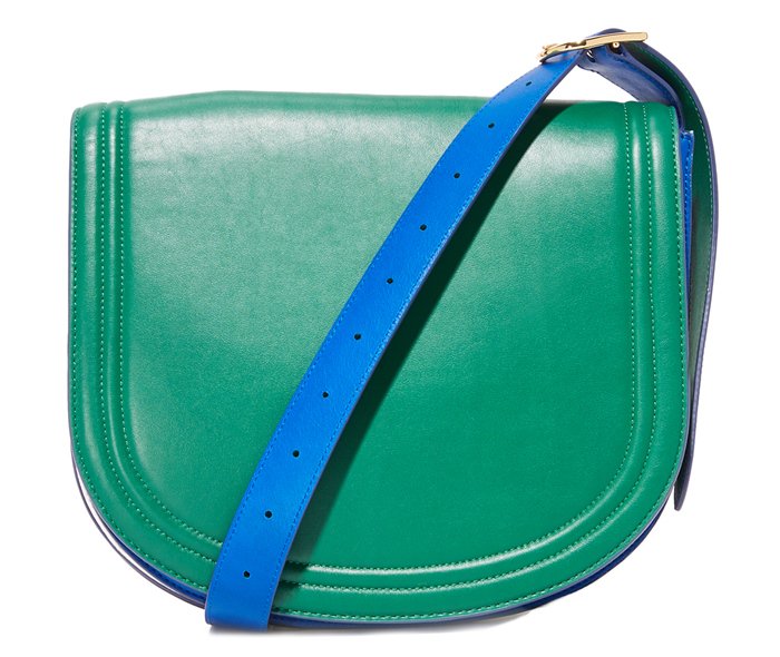 Forest green/royal blue slim DVF saddle bag in color-blocked leather