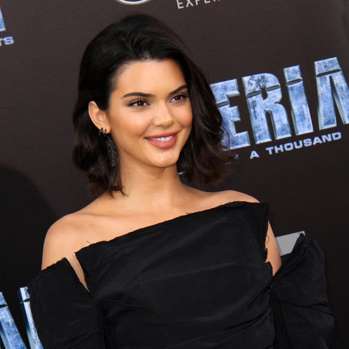 Kendall Jenner wearing a thigh-grazing mini dress and black patent pointy-toe pumps at the premiere of 'Valerian and the City of a Thousand Planets' at TCL Chinese Theatre in Hollywood on July 17, 2017