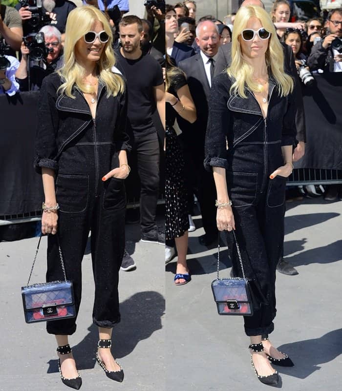 Claudia Schiffer attends Paris Fashion Week in chic one piece ensemble and Chanel flap bag.