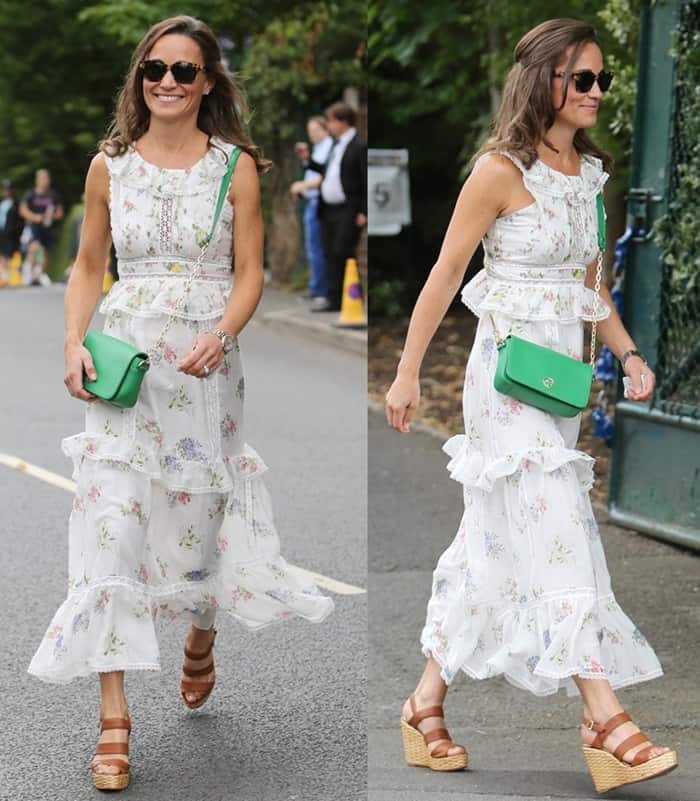 Pippa Middleton attends Wimbledon in a flirty floral dress and L.K.Bennett wedge sandals