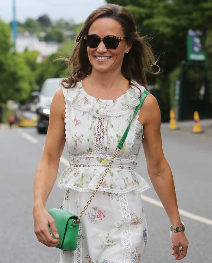 To punctuate her summery look, Pippa carried a green Tory Burch crossbody bag