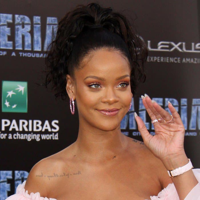 Rihanna wearing a pink off-the-shoulder gown at the premiere of ‘Valerian and the City of a Thousand Planets’ at TCL Chinese Theatre in Hollywood on July 17, 2017