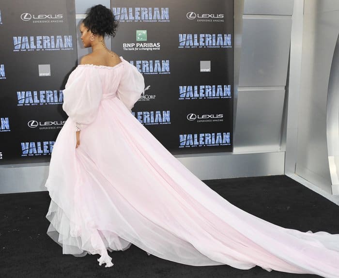 Rihanna wearing a fluffy pink Giambattista Valli couture dress at TCL Chinese Theater.