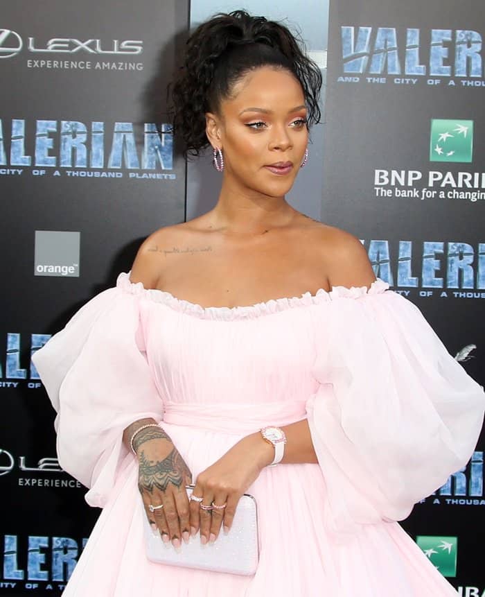 Rihanna wore a fluffy pink Giambattista Vallie Couture gown at the world premiere of Valerian.