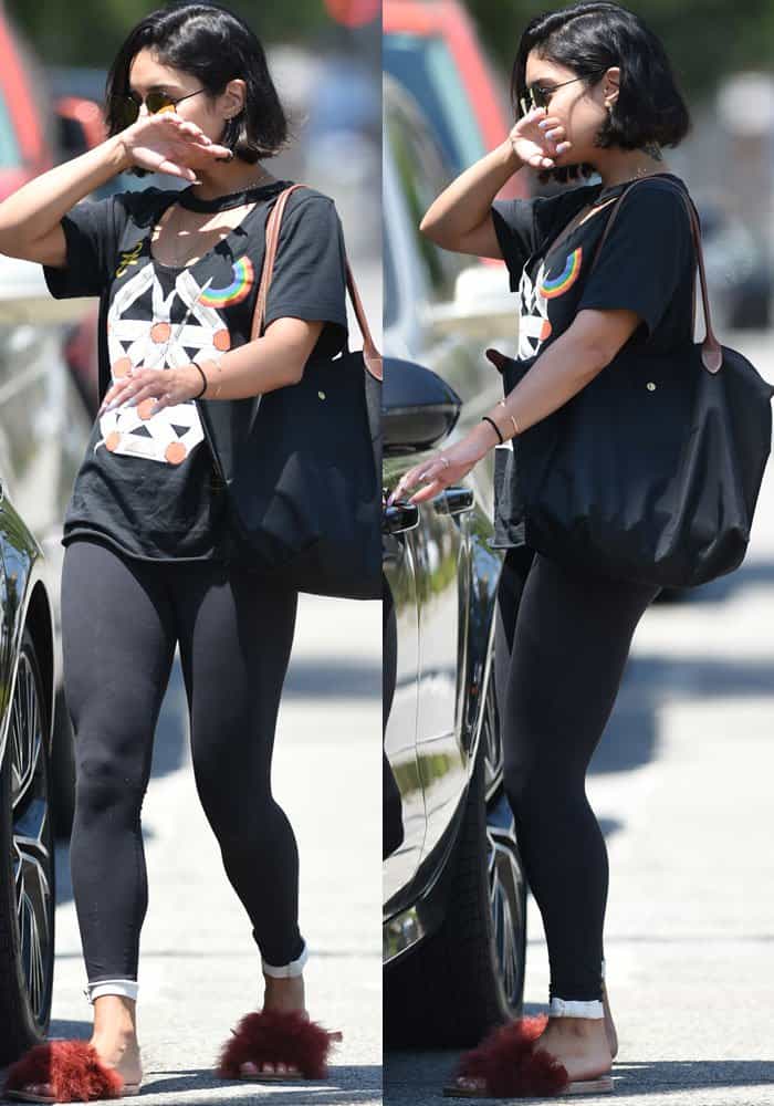 Vanessa Hudgens paired her Kate Spade x Beyond Yoga pants with one-of-a-kind gym slippers