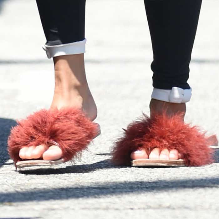 Vanessa Hudgens wears Brother Vellies "Marabou Lamu" slide slippers