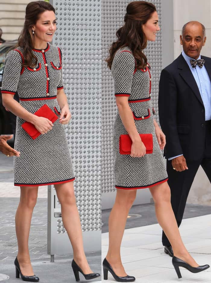 Kate Middleton wearing a Gucci Pre-Fall 2017 dress and L.K. Bennett "Art" pumps at the Victoria and Albert Museum