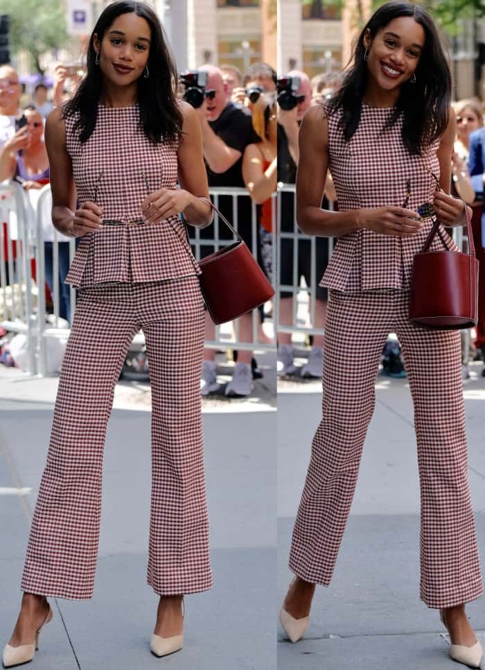 Laura Harrier wearing a Brock Collection Fall 2017 ensemble and Nicholas Kirkwood "Penelope Pearl" slingback pumps at AOL Build