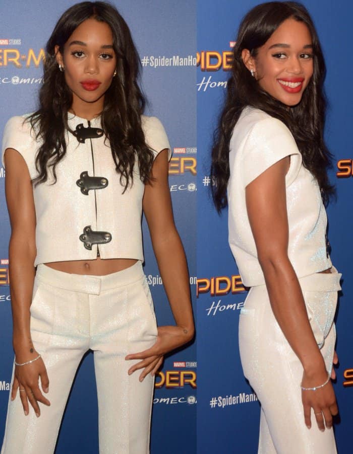 Laura Harrier wearing a white Louis Vuitton Resort 2018 ensemble and black strappy sandals at the “Spider-Man: Homecoming” First Responders’ Screening