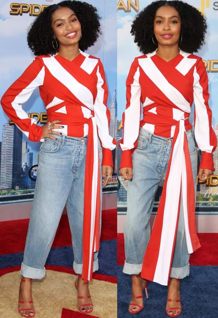 Yara Shahidi wearing a Monse ensemble and Tamara Mellon "Reverse Frontline" sandals at the "Spider-Man: Homecoming" LA premiere