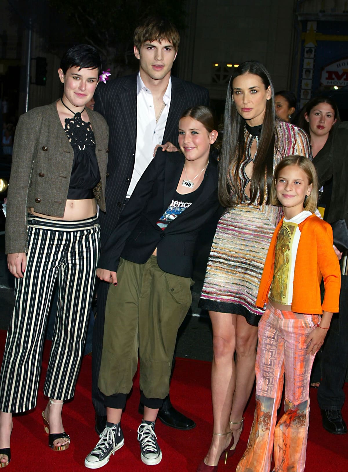 Rumer Willis, Ashton Kutcher, Demi Moore, Scout Willis, and Tallulah Willis at the premiere of 'Charlie's Angels: Full Throttle'
