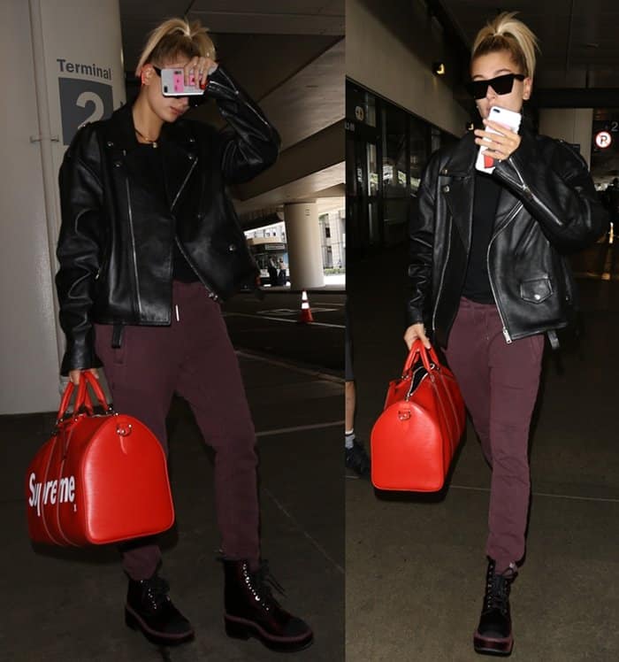 Hailey Baldwin rocks Temper Trackpant Merlot pants