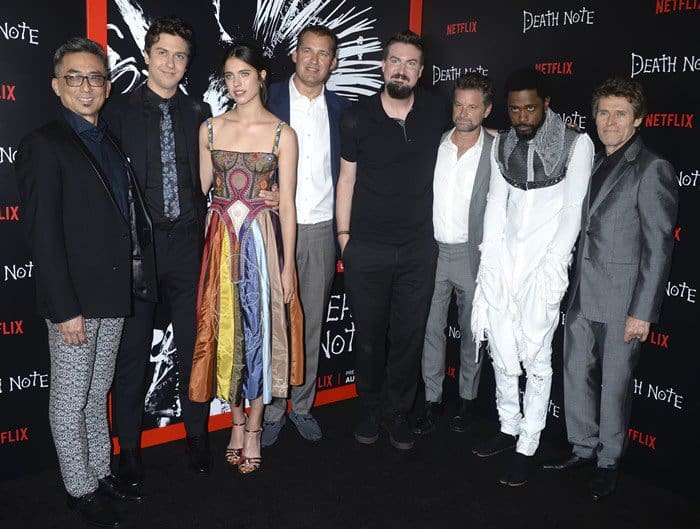 Paul Nakauchi, Nat Wolff, Margaret Qualley, Scott Stuber, Adam Wingard, Shea Whigham, Lakeith Stanfield, and Willem Dafoe at the screening of their upcoming movie 'Death Note' at AMC Loews Lincoln Square in New York City on August 17, 2017