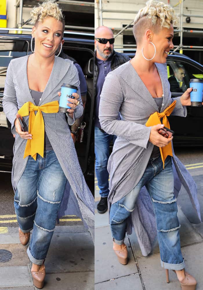 Pink Grabs Coffee in London Wearing Gucci Angel Pumps