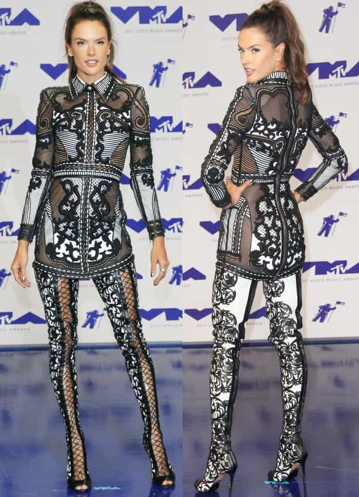 Alessandra Ambrosio wearing a Balmain Resort 2018 mini dress and "Campbell" thigh-high boots at the 2017 MTV Video Music Awards