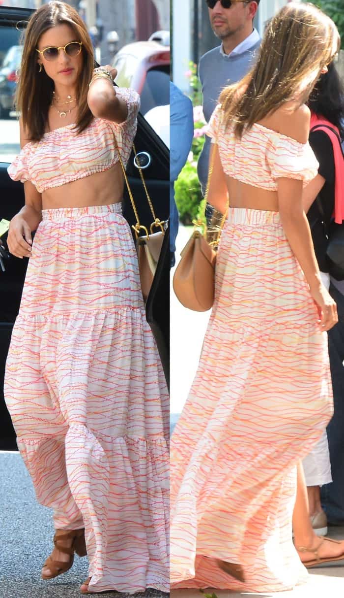 Alessandra Ambrosio going out for lunch at The Ivy in a Dhela Spring 2017 two-piece ensemble and Gianvito Rossi criss-cross suede sandals