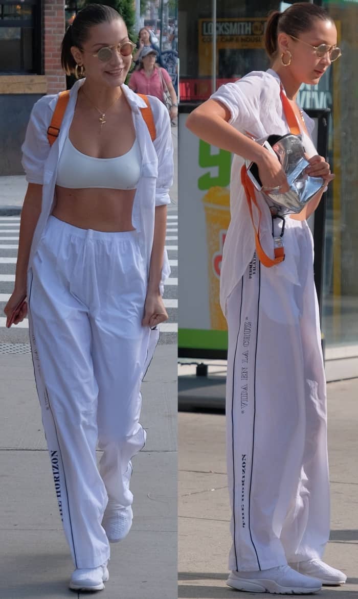 Bella Hadid wearing a Splits59 sports bra, Hyein Seo track pants, and Nike "Air Presto Flyknit Ultra" sneakers while out and about in New York City