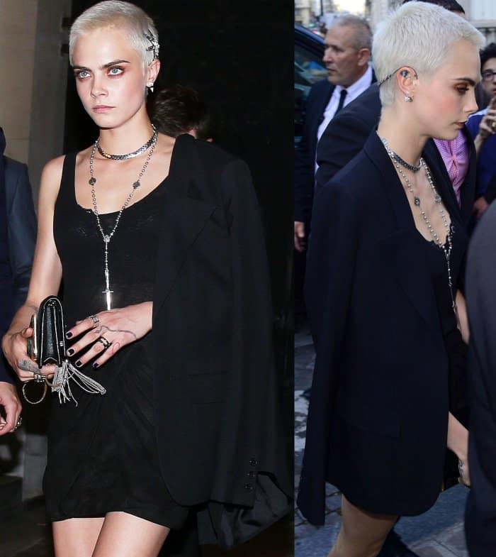 Cara Delevingne wearing a semi-sheer LBD and black blazer at the Vogue Paris Foundation dinner