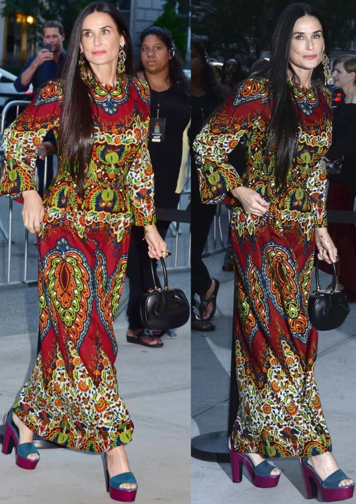 Actress Demi Moore in a colorful bohemian maxi dress at the New York premiere of "Good Time"
